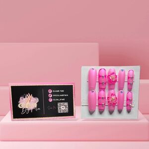 Custom Handmade Press On Nails Pink Flower Coffin Shape Size Small Length Long